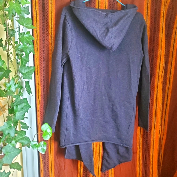Gray hooded long jersey cardigan with pockets and asymmetrical hem - Picture 5 of 6